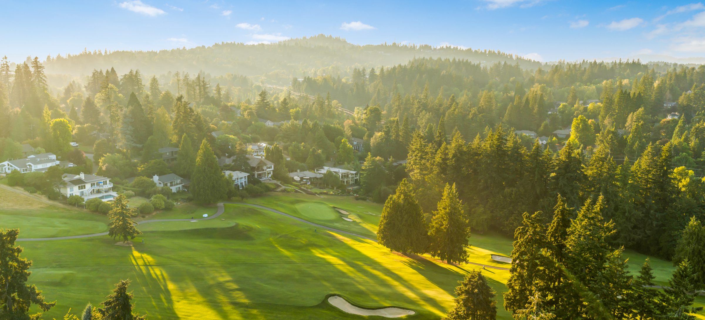 Oswego Lake Country Club at golden hour, on the eastern edge of the Uplands