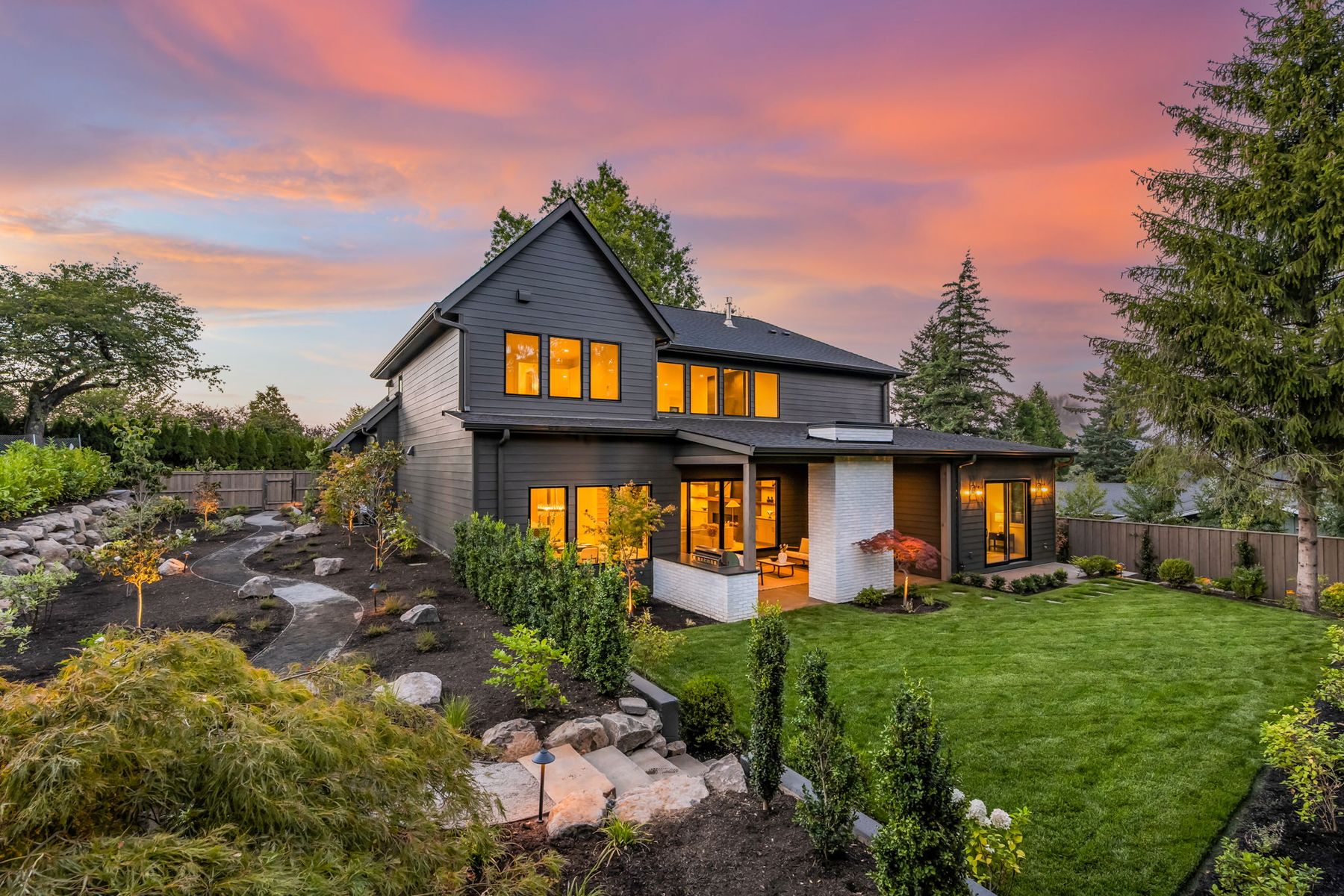 Rear exterior at twilight